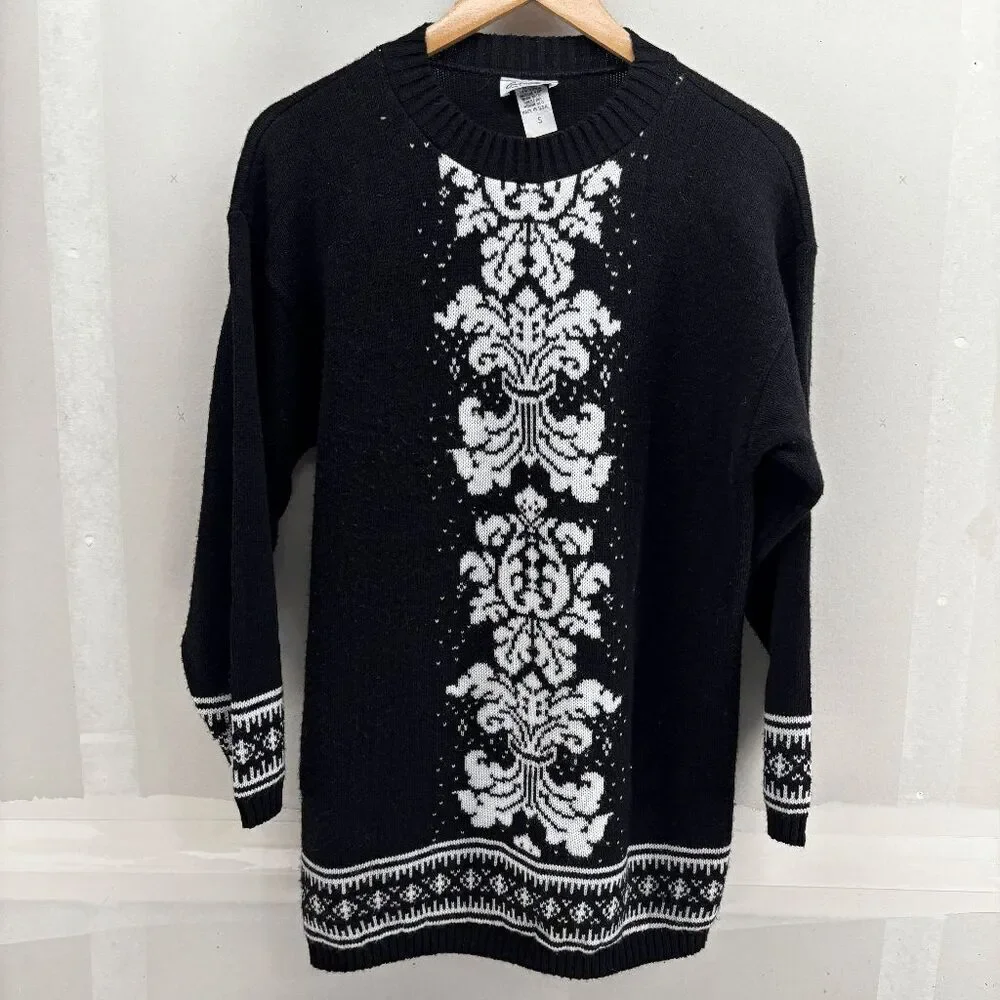 VTG Cuddle Knit Sweater Womens S Black Ivory USA Made Candle Snowflake Geometric